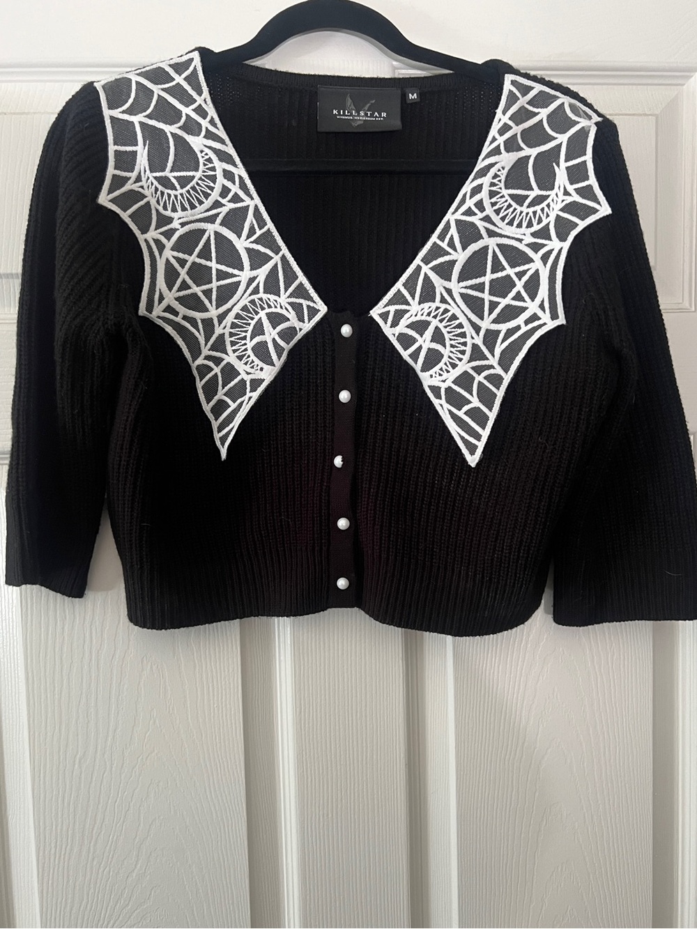 Killstar Black Cropped Cardigan with White Spiderweb Collar